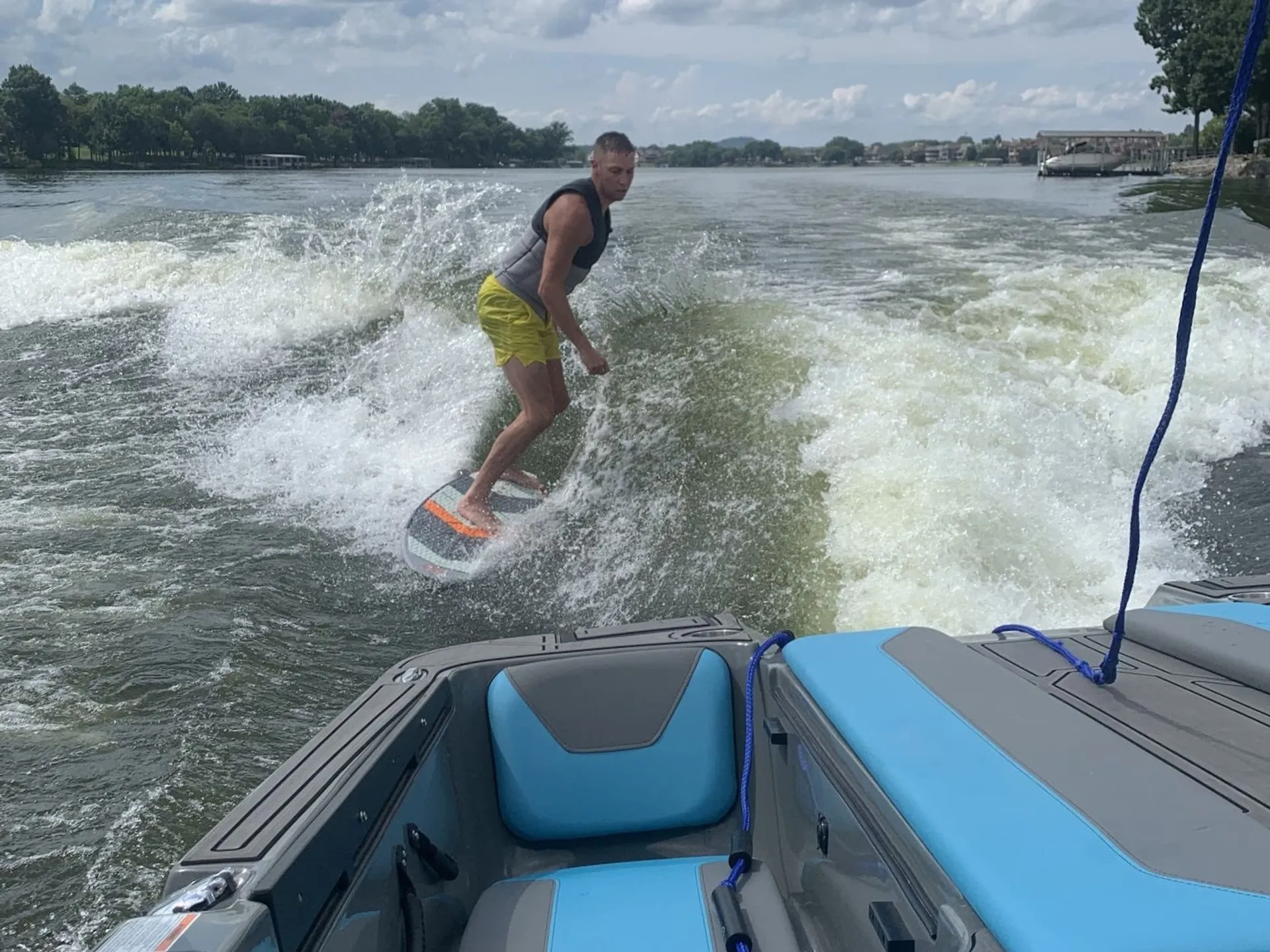 Enjoy Old Hickory Lake on a wake boat and do some wakesurfing